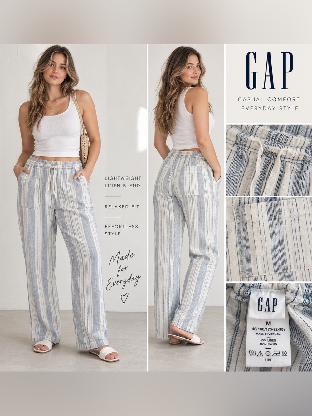 GAP Women’s Medium Blue White Striped Pull-On Pants Coastal Linen Look